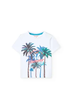 Completo in maglia per neonato di colore bianco con stampa e pantaloncini di colore blu.