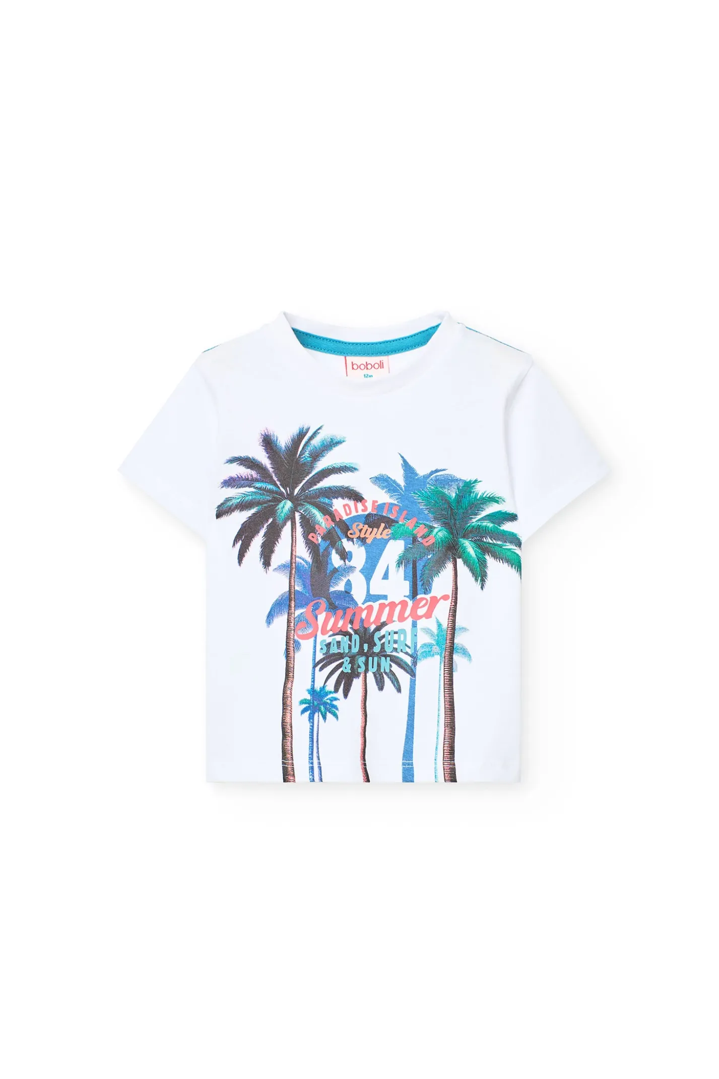 Completo in maglia per neonato di colore bianco con stampa e pantaloncini di colore blu.