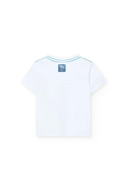 Completo in maglia per neonato di colore bianco con stampa e pantaloncini di colore blu.