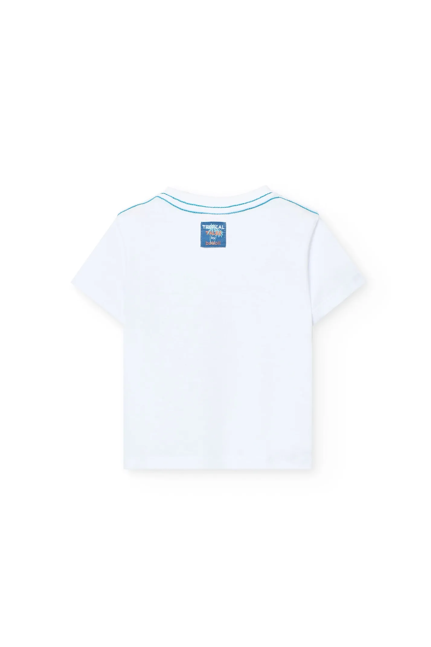 Completo in maglia per neonato di colore bianco con stampa e pantaloncini di colore blu.