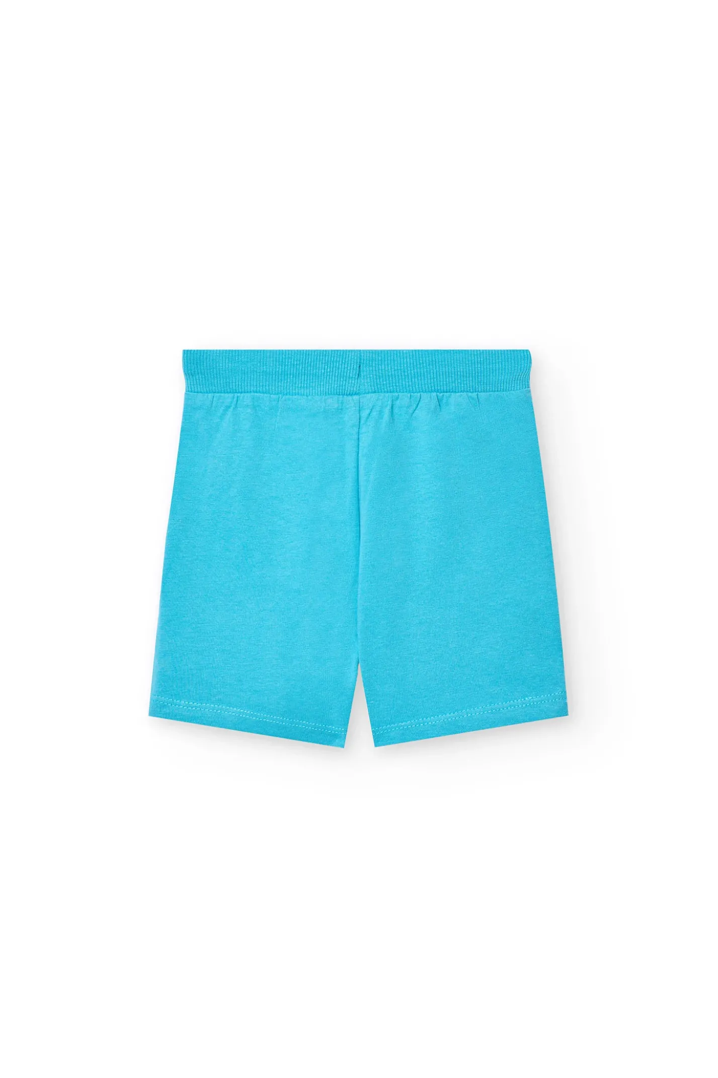 Completo in maglia per neonato di colore bianco con stampa e pantaloncini di colore blu.