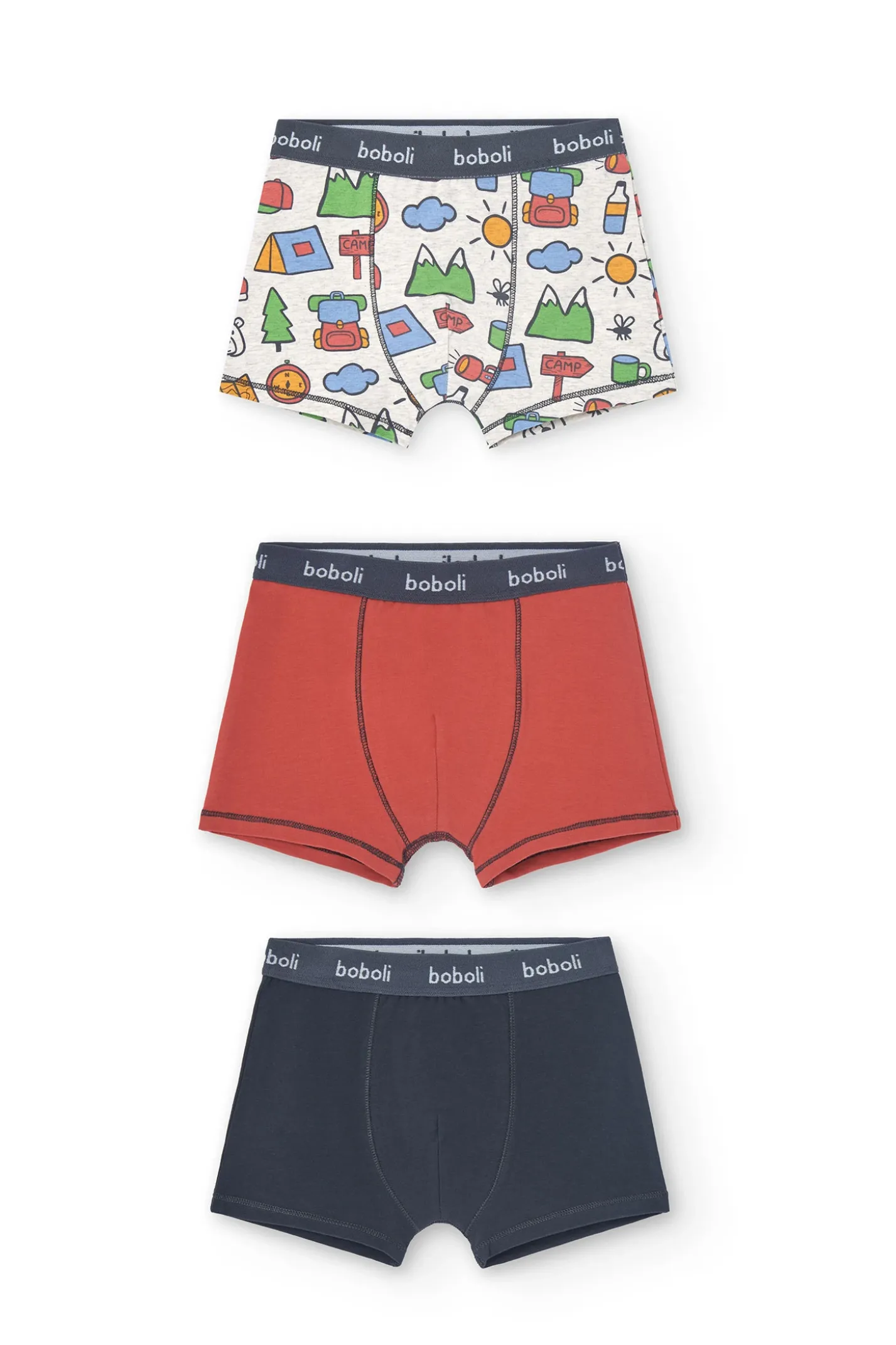 Confezione da 3 boxer in maglia per bambino con stampa in colore rosso, blu e altri colori.
