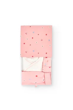 Coordinato in maglia per bambina in bianco e rosa.