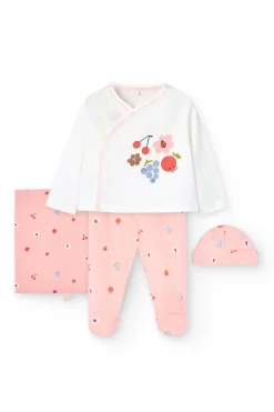 Coordinato in maglia per bambina in bianco e rosa.