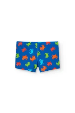 Costume da bagno in poliammide per bambino di colore blu con motivo di granchi.