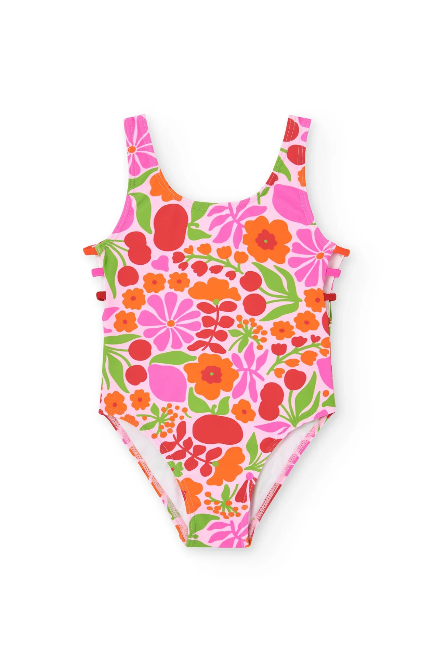 Costume da bagno in poliammide per bambina con stampa floreale dai colori vivaci.
