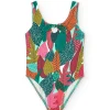 Costume da bagno in poliammide per bambina con stampa di foglie.
