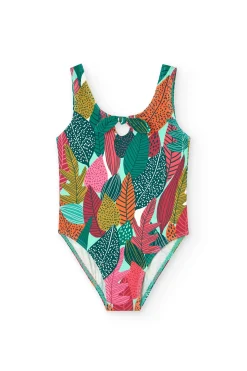 Costume da bagno in poliammide per bambina con stampa di foglie.