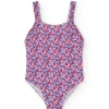 Costume da bagno in poliammide per bambina con stampa floreale in rosa e blu.