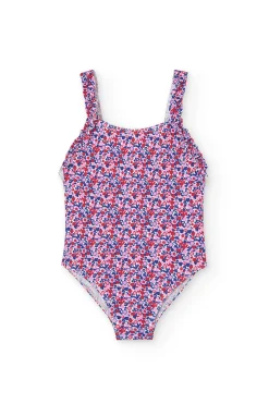Costume da bagno in poliammide per bambina con stampa floreale in rosa e blu.