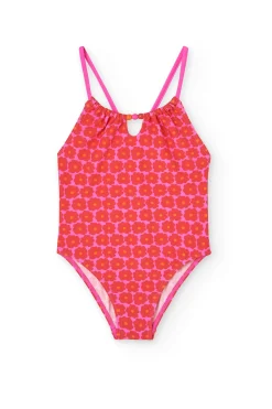 Costume da bagno in poliammide per bambina con stampa floreale in rosa.