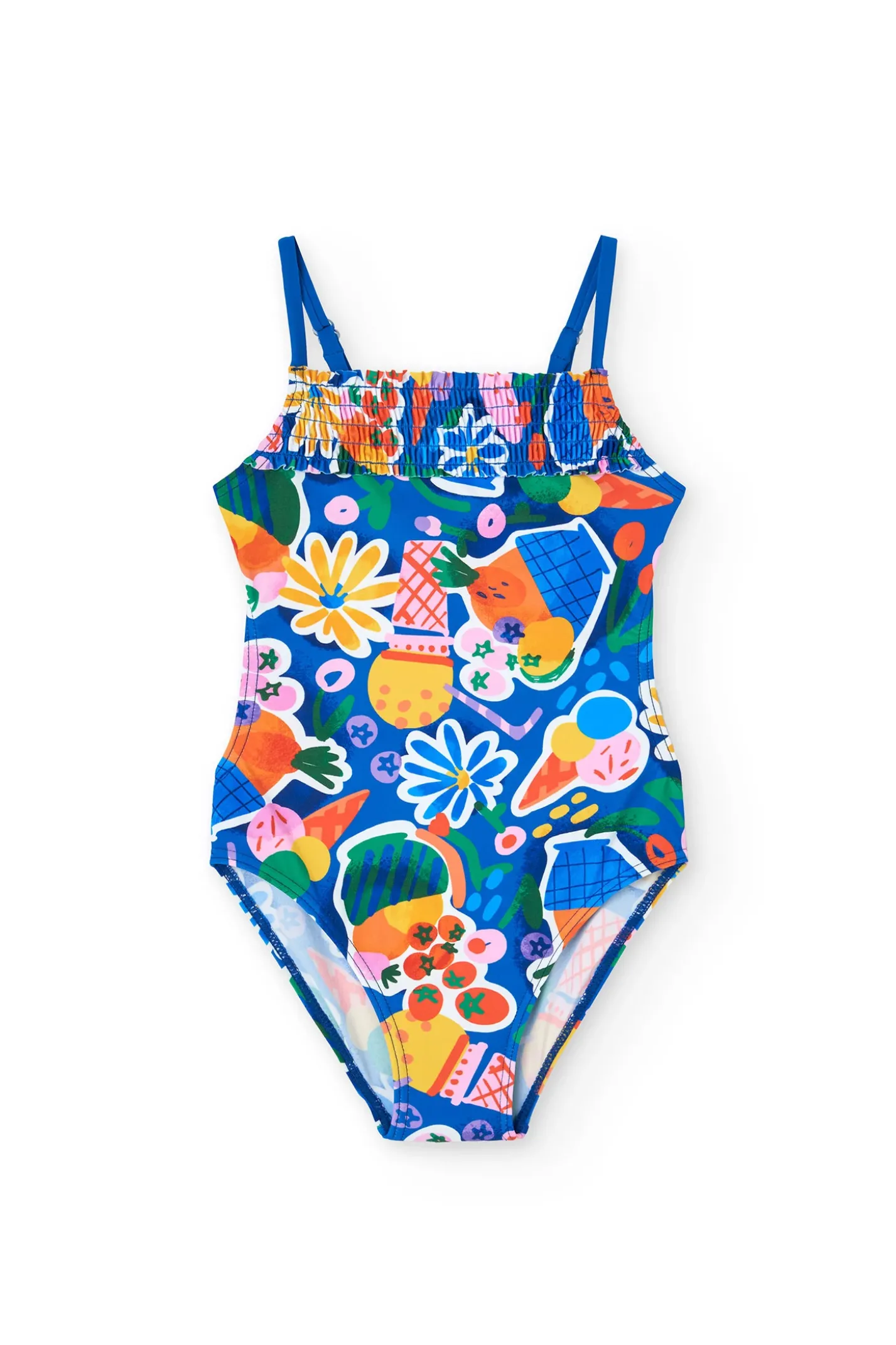 Costume da bagno in poliammide per bambina con stampa di frutta e fiori in colore blu.