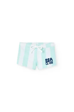 Costume da bagno in poliammide per bimbo con righe bianche e azzurro cielo.