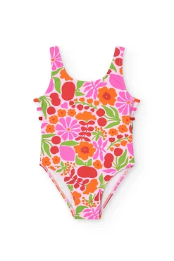 Costume da bagno in poliammide per bambina con stampa floreale dai colori vivaci.