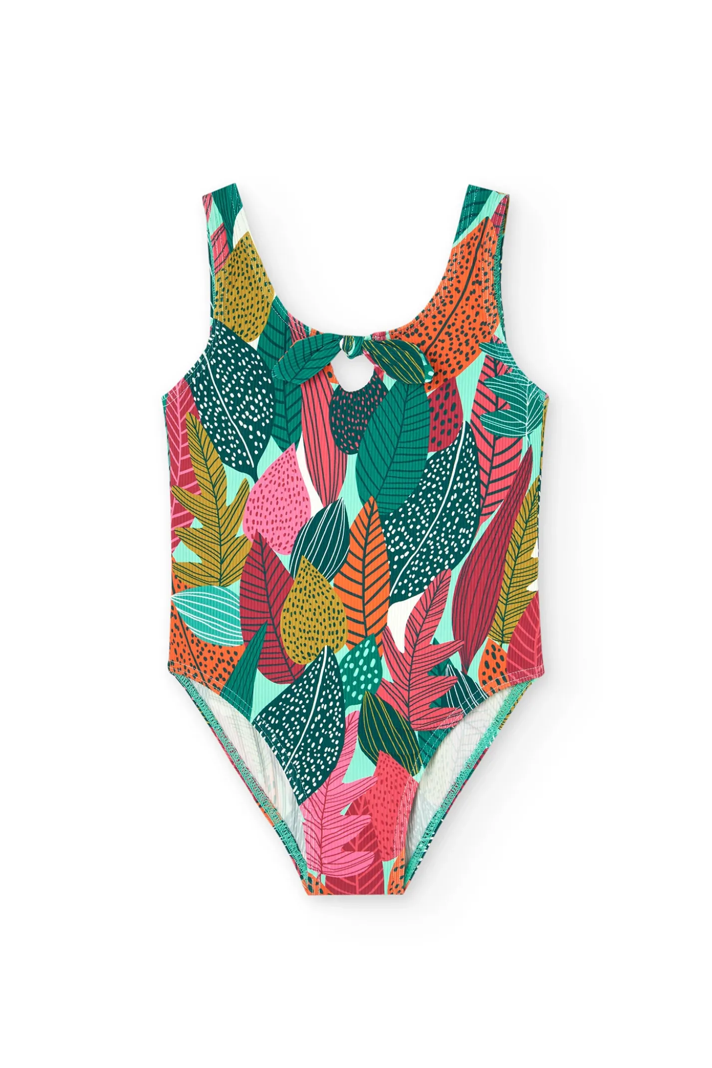 Costume da bagno in poliammide per bambina con stampa di foglie.