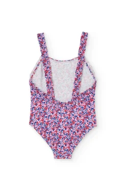 Costume da bagno in poliammide per bambina con stampa floreale in rosa e blu.