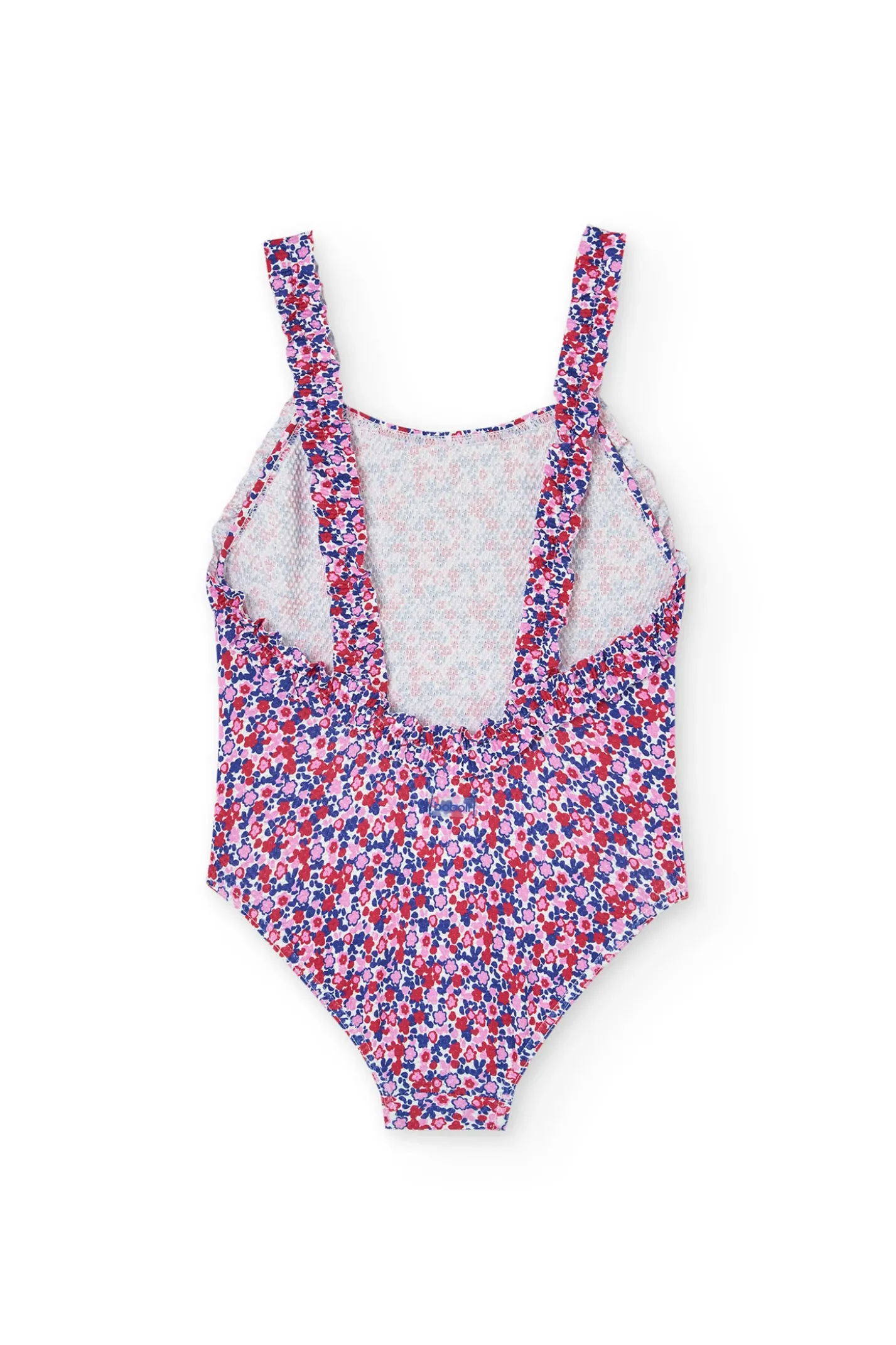 Costume da bagno in poliammide per bambina con stampa floreale in rosa e blu.