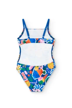 Costume da bagno in poliammide per bambina con stampa di frutta e fiori in colore blu.