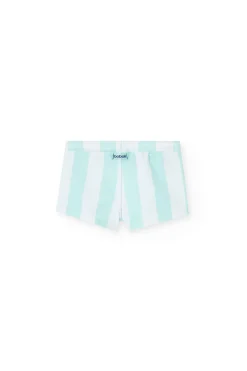 Costume da bagno in poliammide per bimbo con righe bianche e azzurro cielo.