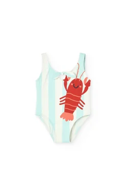 Costume da bagno in poliammide per bambina in colore verde acqua con design di aragosta.