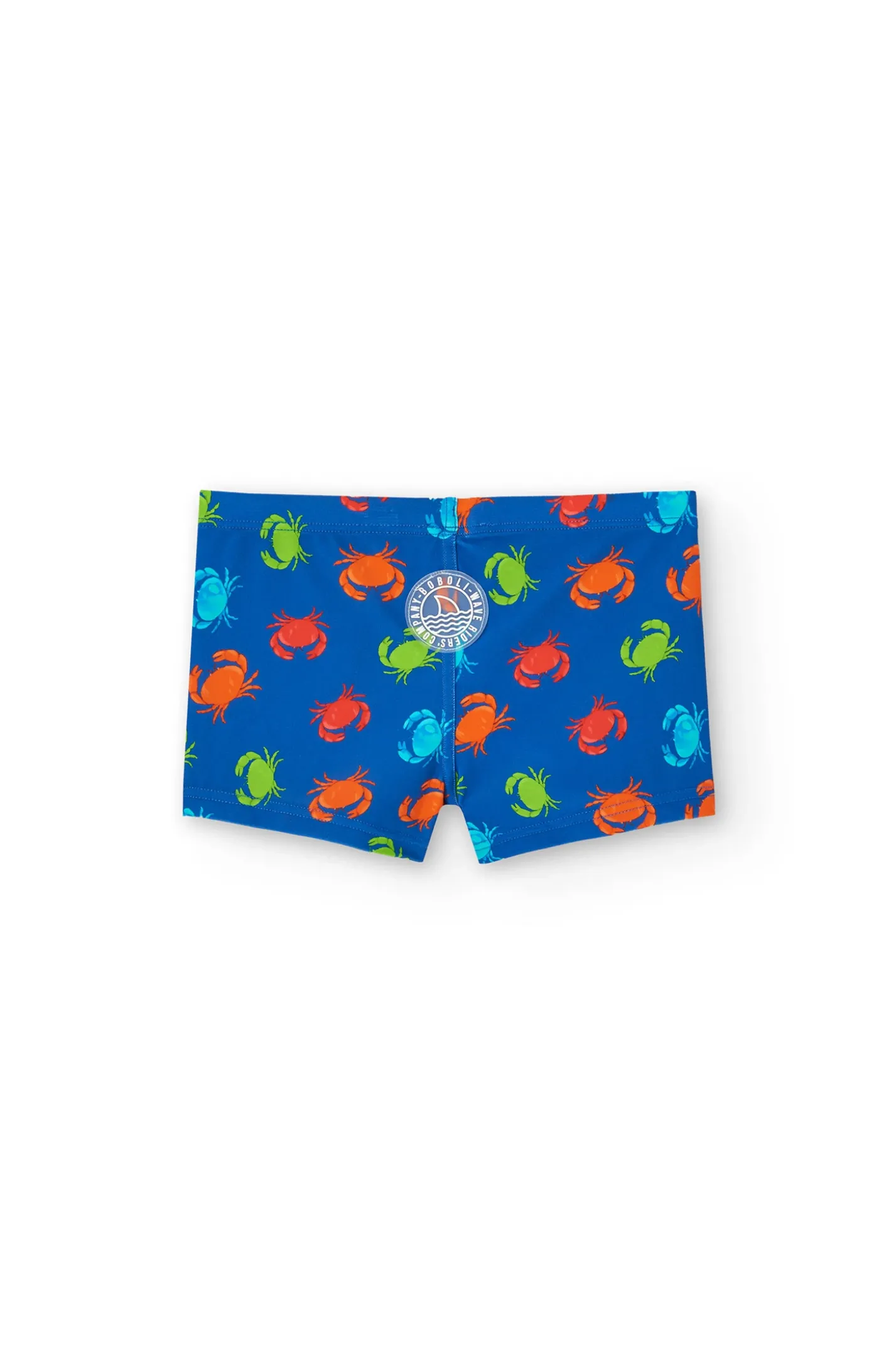Costume da bagno in poliammide per bambino di colore blu con motivo di granchi.