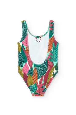 Costume da bagno in poliammide per bambina con stampa di foglie.