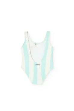 Costume da bagno in poliammide per bambina in colore verde acqua con design di aragosta.