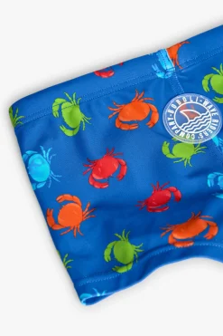 Costume da bagno in poliammide per bambino di colore blu con motivo di granchi.