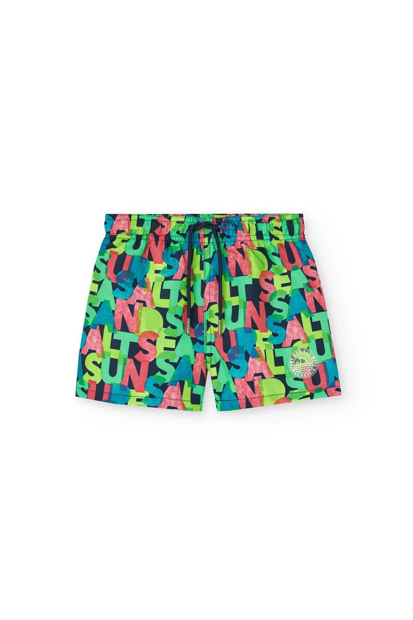 Costume da bagno in tessuto riciclato per bambino con stampa di lettere.