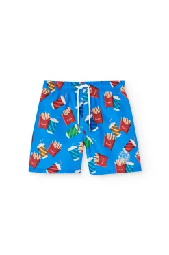 Costume da bagno in tessuto riciclato per bambino di colore blu con stampa