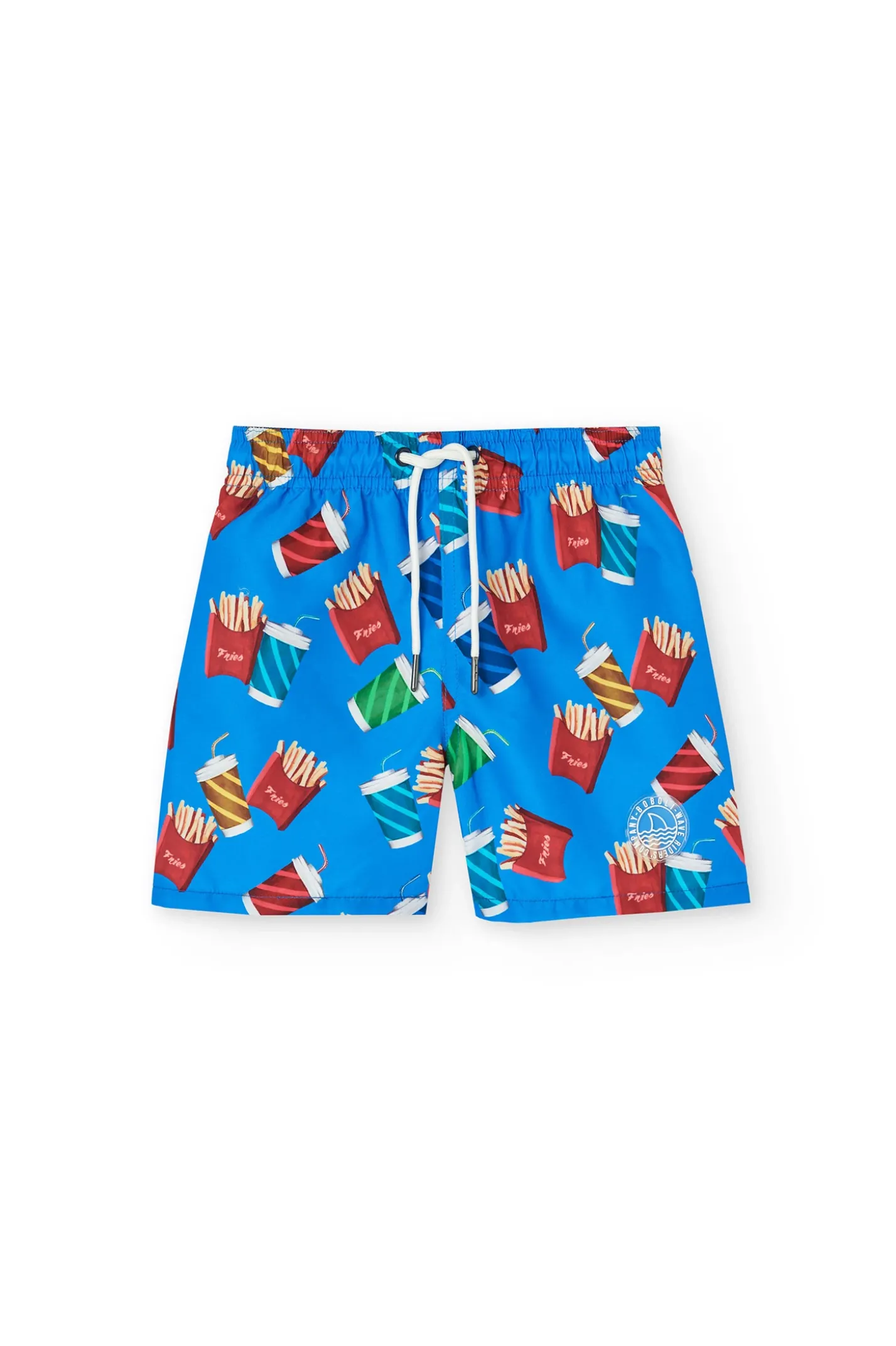 Costume da bagno in tessuto riciclato per bambino di colore blu con stampa