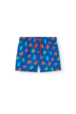 Costume da bagno in tessuto riciclato per bambino in blu con stampa di granchi.