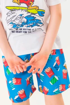 Costume da bagno in tessuto riciclato per bambino di colore blu con stampa