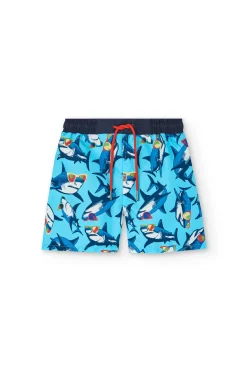 Costume da bagno in tessuto riciclato per bambino in blu navy con design di squali.