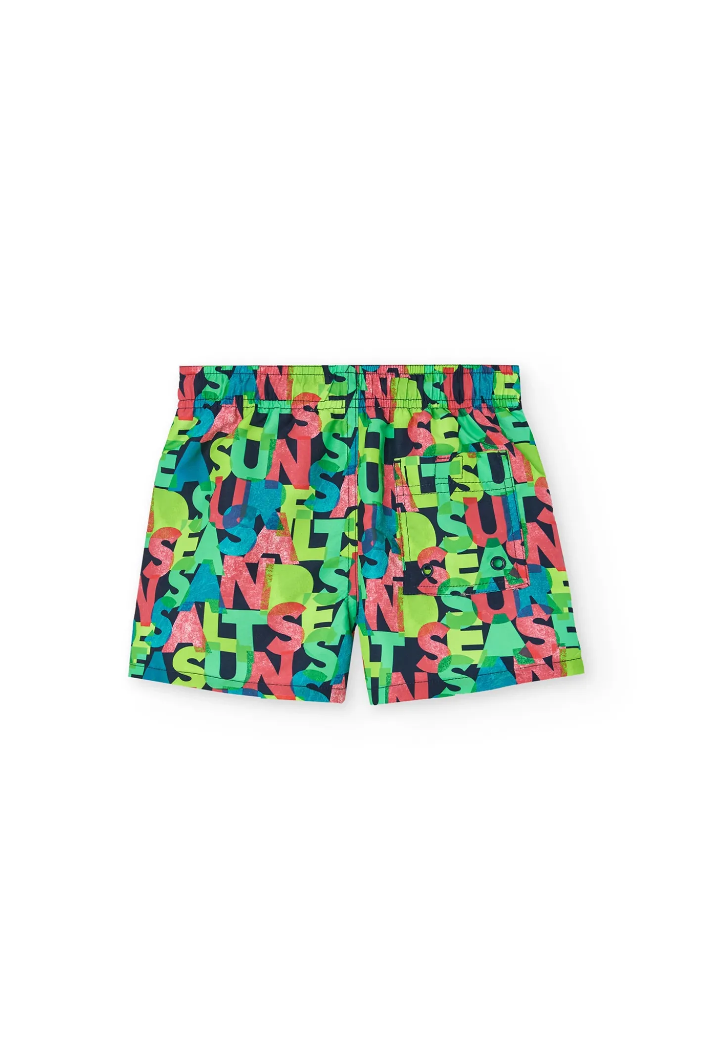 Costume da bagno in tessuto riciclato per bambino con stampa di lettere.