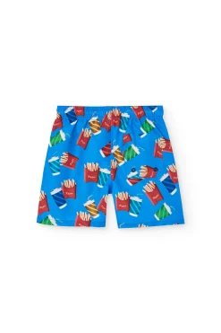 Costume da bagno in tessuto riciclato per bambino di colore blu con stampa