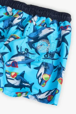 Costume da bagno in tessuto riciclato per bambino in blu navy con design di squali.