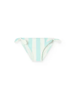 Costume da bagno mutandina in poliammide per neonata a righe blu e bianche.