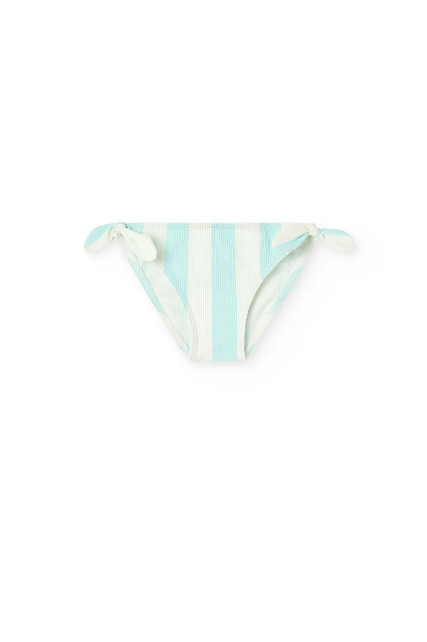 Costume da bagno mutandina in poliammide per neonata a righe blu e bianche.