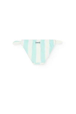 Costume da bagno mutandina in poliammide per neonata a righe blu e bianche.