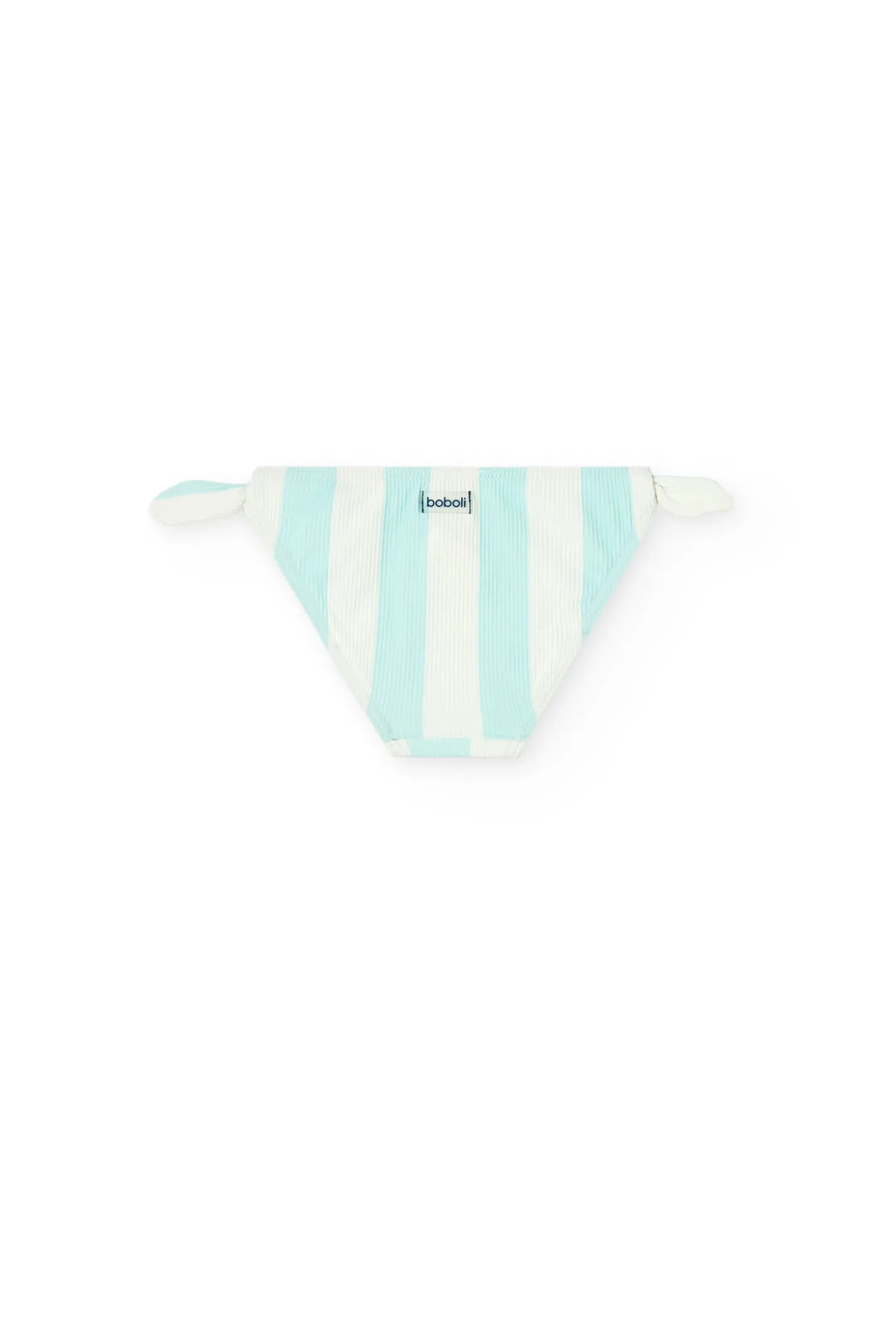 Costume da bagno mutandina in poliammide per neonata a righe blu e bianche.