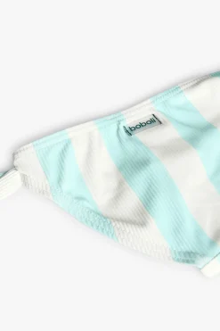 Costume da bagno mutandina in poliammide per neonata a righe blu e bianche.