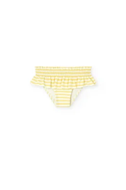 Costume slip in poliammide per neonata a righe gialle e bianche.