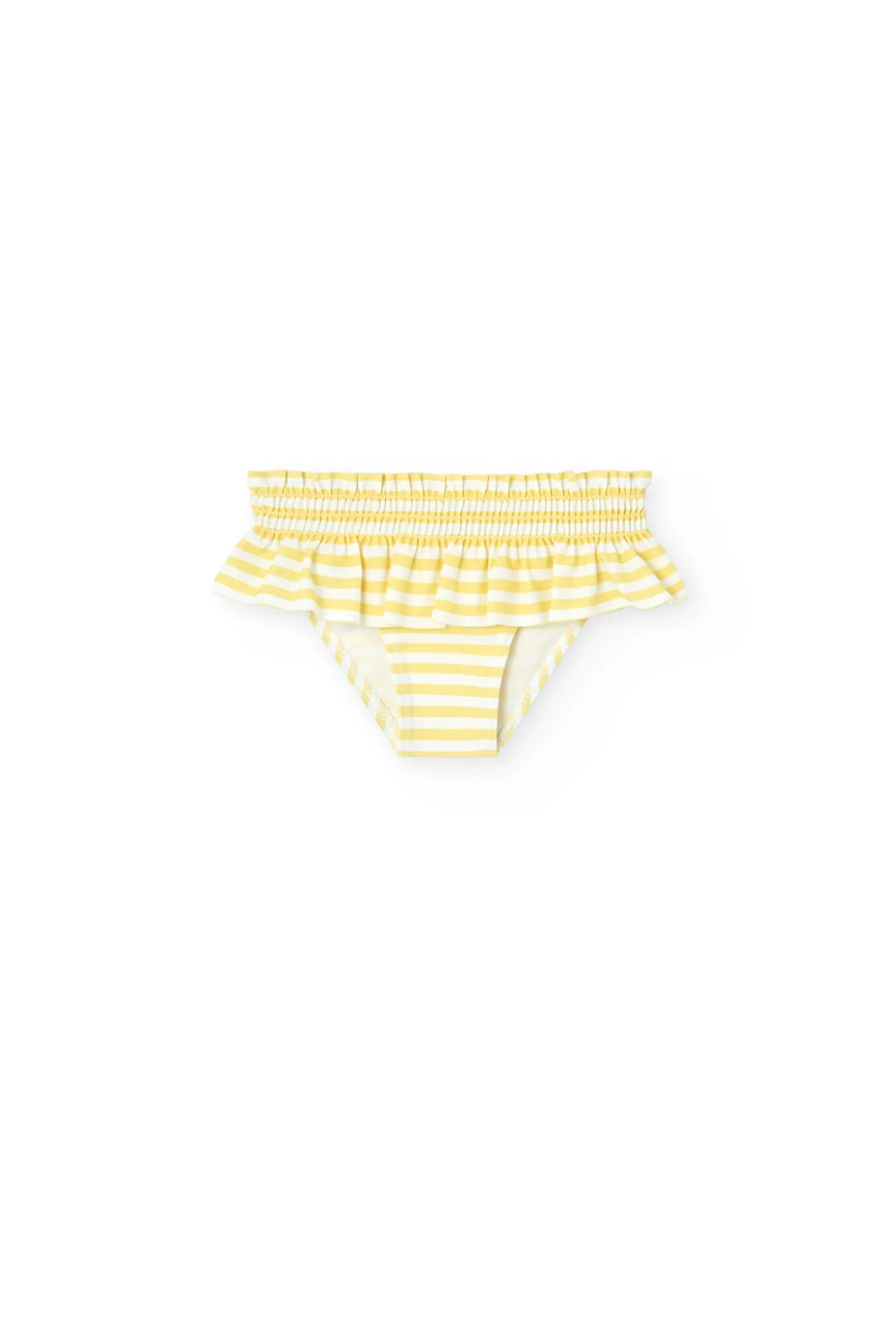 Costume slip in poliammide per neonata a righe gialle e bianche.