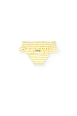Costume slip in poliammide per neonata a righe gialle e bianche.