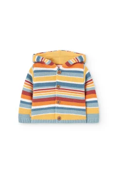 Giacca di maglia per neonati di colore giallo con design a righe.