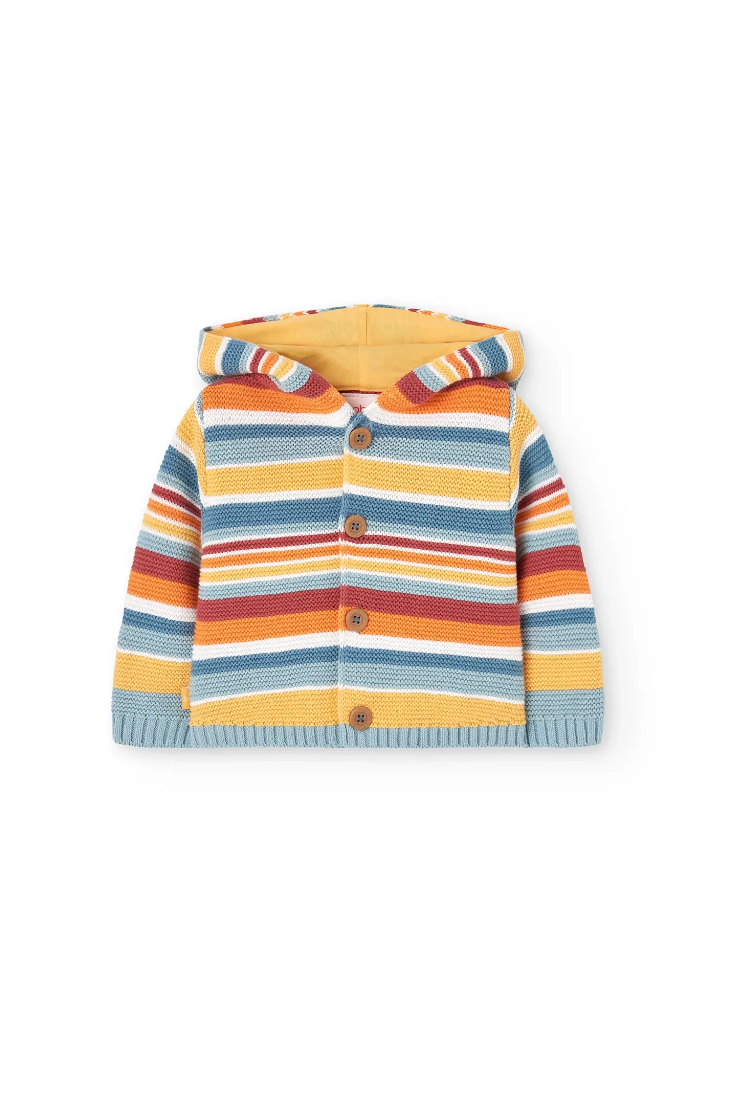 Giacca di maglia per neonati di colore giallo con design a righe.