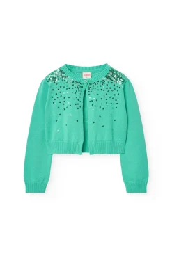 Giacca in maglia per bambina di colore verde con design brillante.