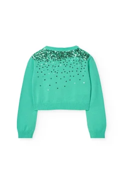 Giacca in maglia per bambina di colore verde con design brillante.
