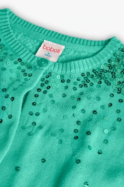 Giacca in maglia per bambina di colore verde con design brillante.